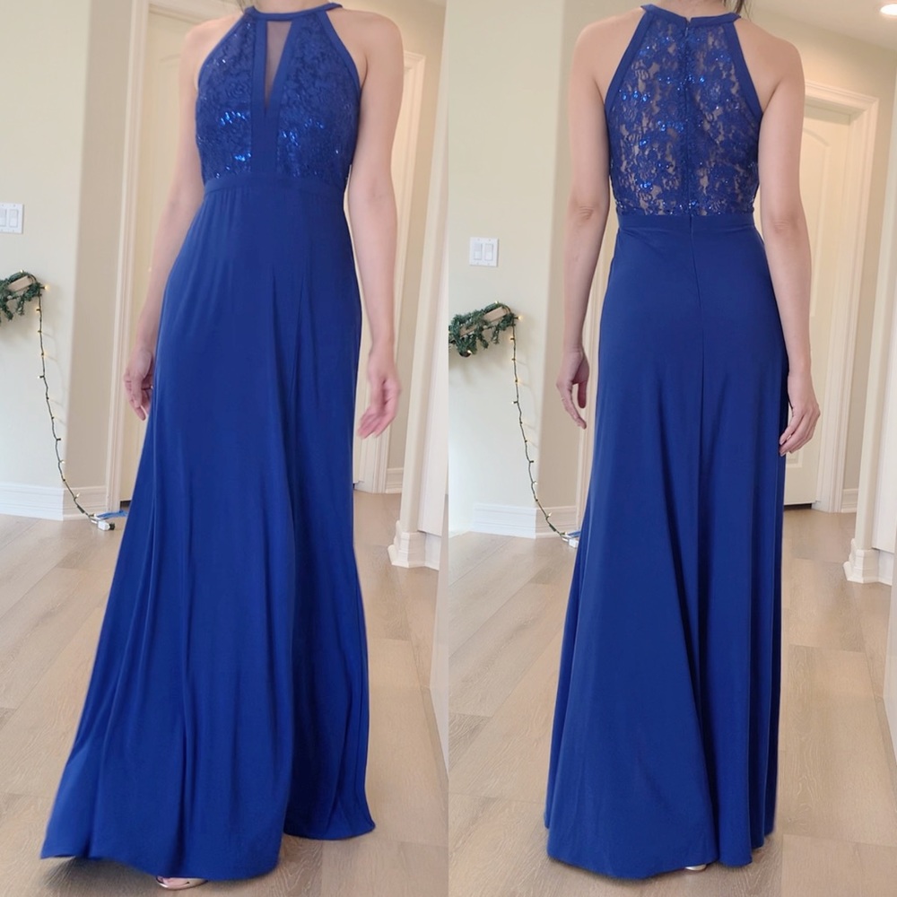Royal Blue Lace Sequined Mesh Slitted Floral Sleeveless Halter Full-Leng…